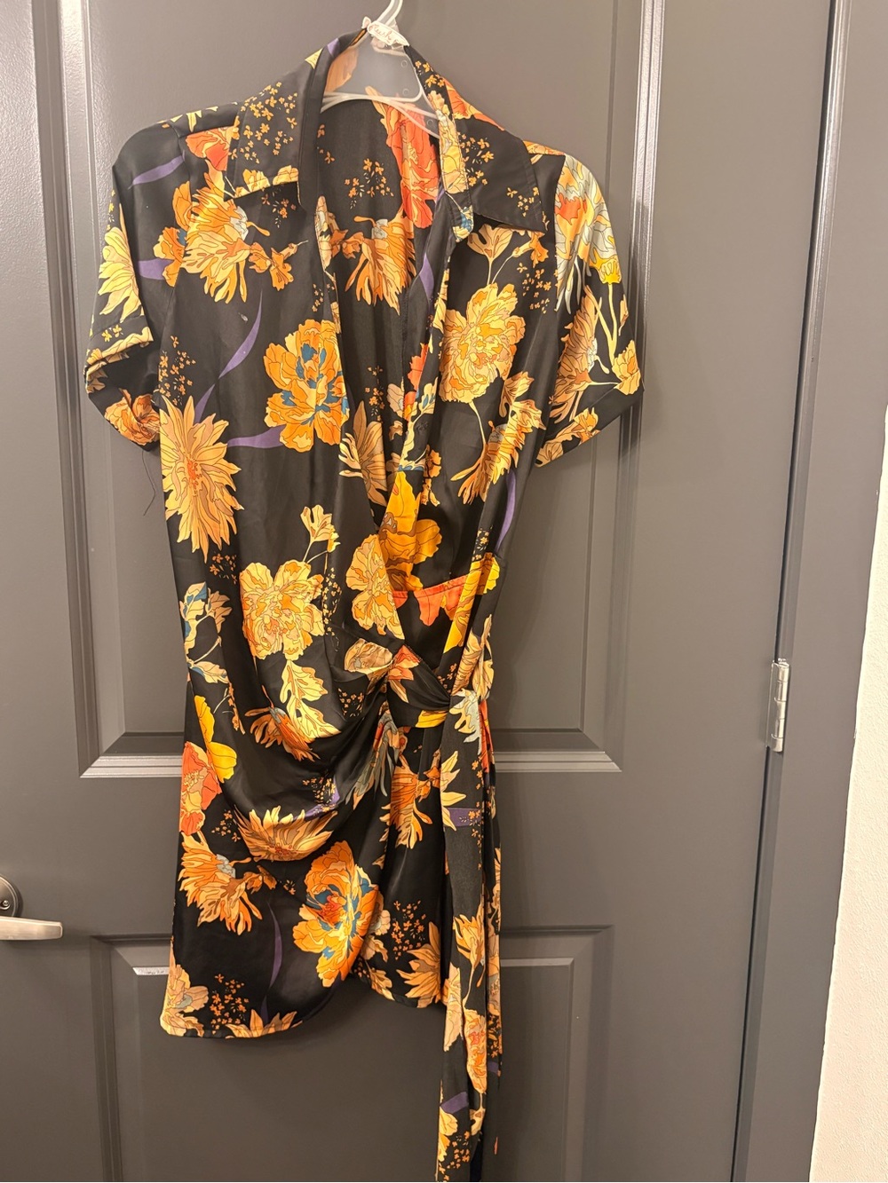 Blush Black Wrap Dress with Orange & Purple Floral Print